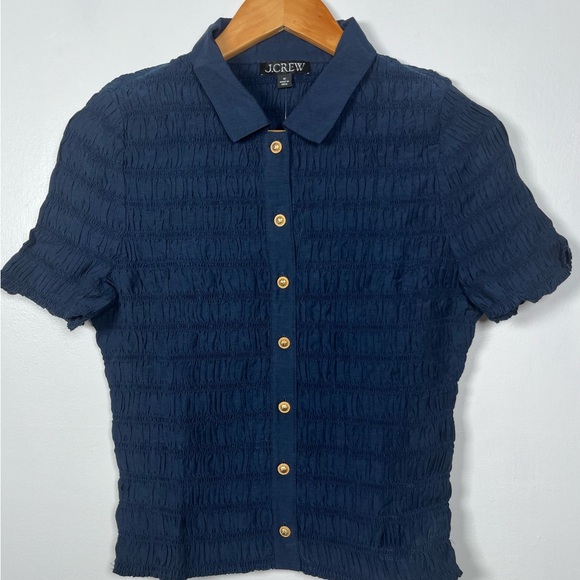 NWT J.CREW Sizes M, L Navy Smocked button-up shirt in cotton-blend voile - Picture 2 of 7
